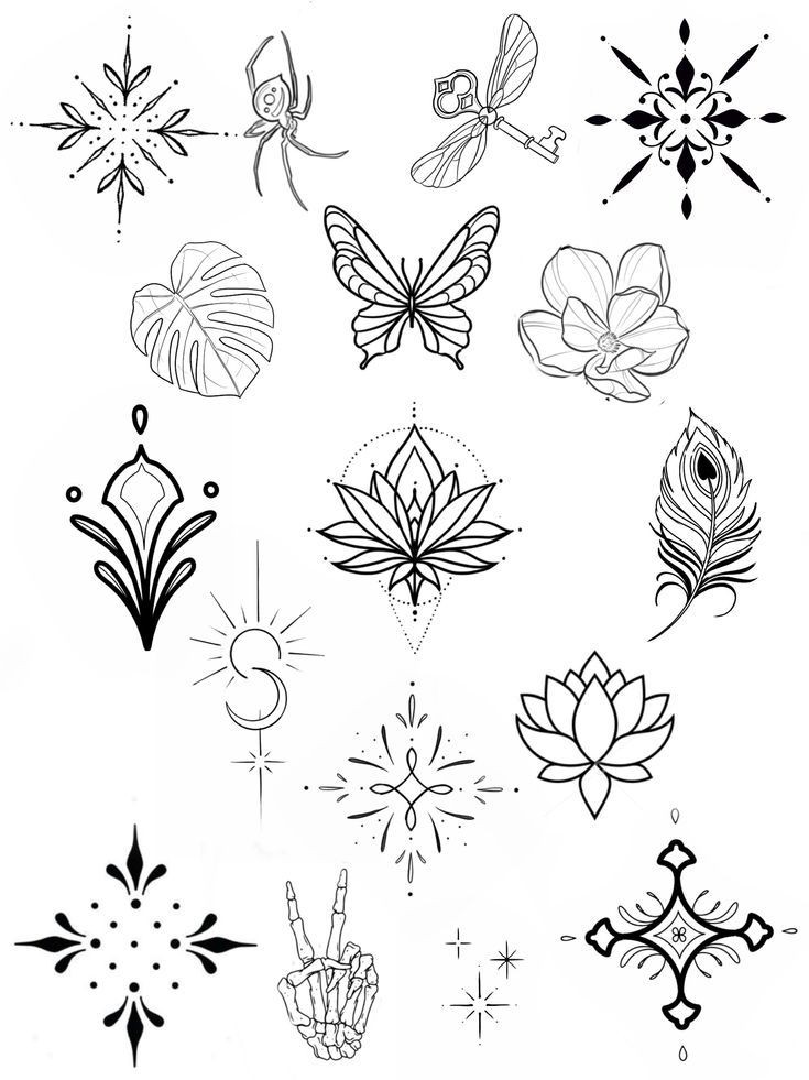 Assorted minimalist tattoo designs: butterfly, lotus, spider, floral motifs, and geometric shapes.