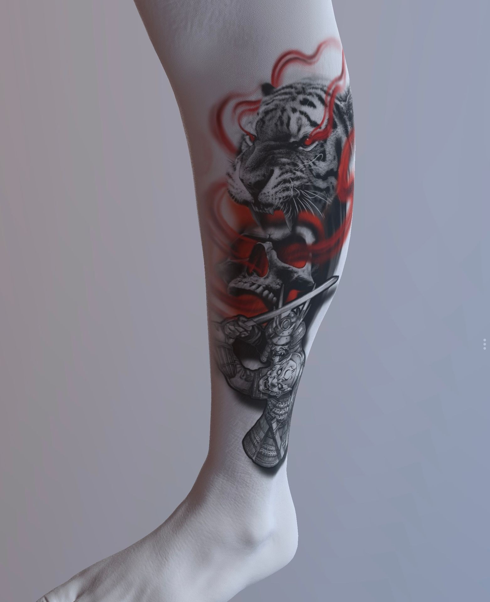 Tattoo on leg featuring a tiger with red accents and a warrior with a sword.